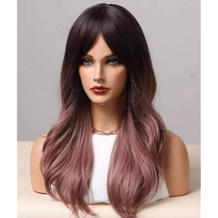 Long Ombre Wig, Dark Brown to Rose Pink, Synthetic Hair, Wavy Style With Bangs, 26 Inch Length